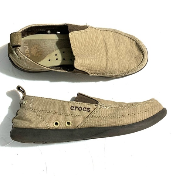 Crocs Men's Walu Canvas Tan Brown Slip On Sneaker Loafer Comfort Shoes size 8 - Picture 1 of 9